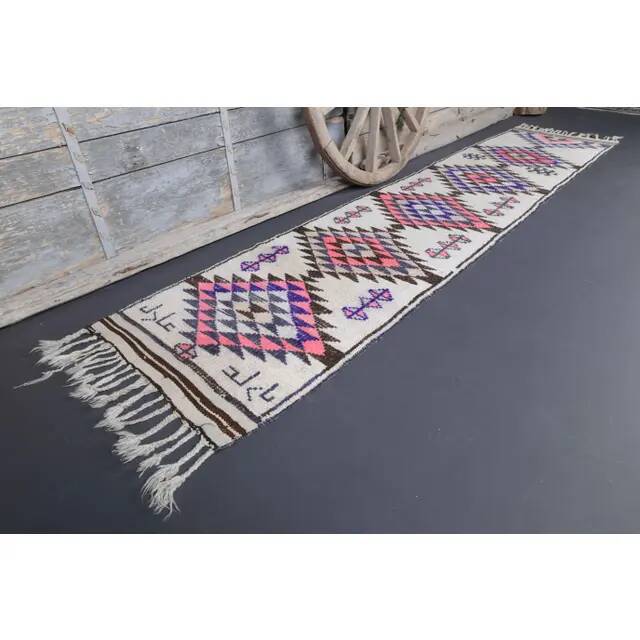 1970s Natural White Geometric Turkish Hand-Knotted Runner 80x365
