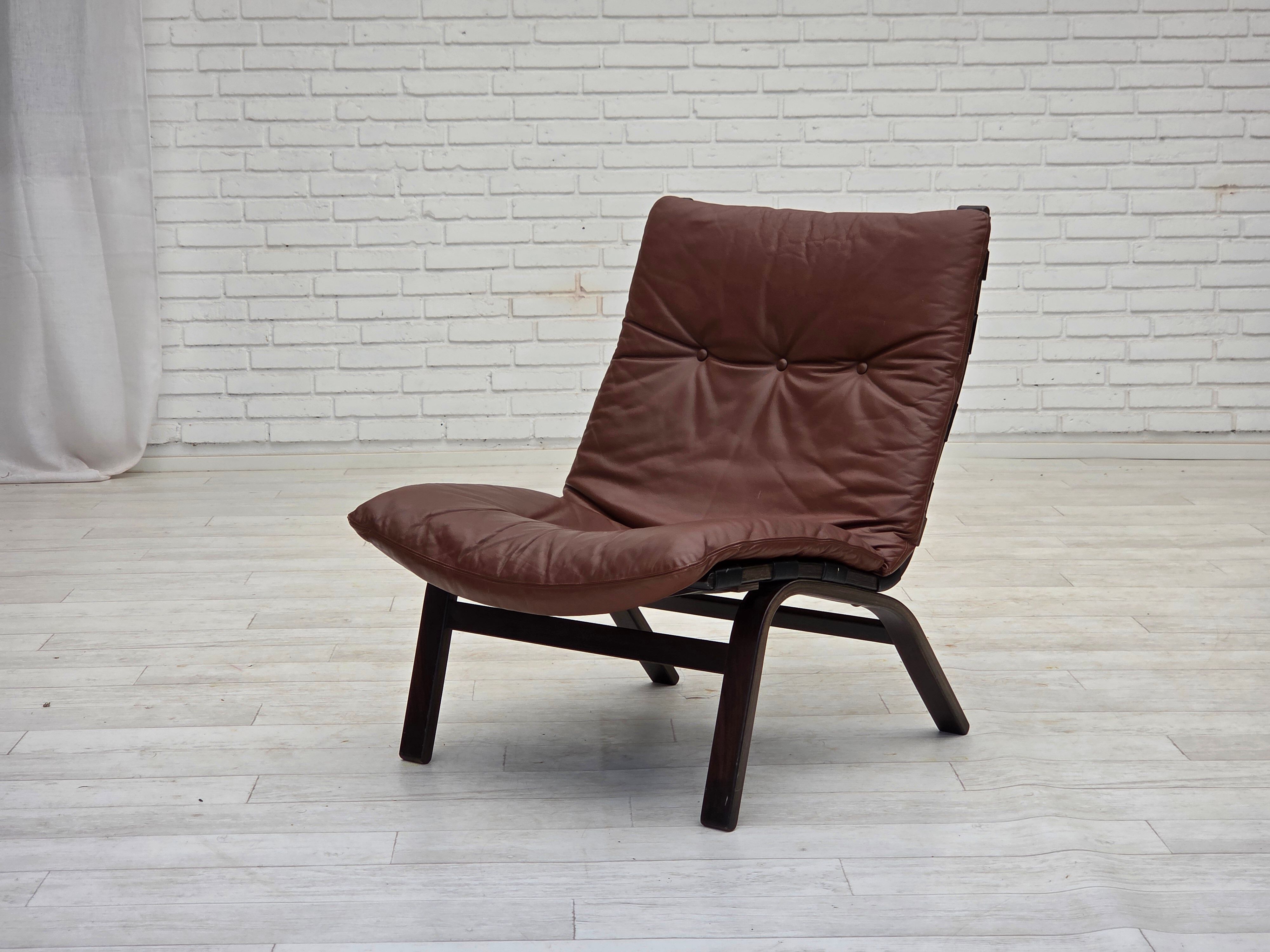 1970s, Danish loungechair by Farstrup, leather, canvas, bent wood.
