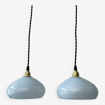 Pair of old vintage blue opaline pendants