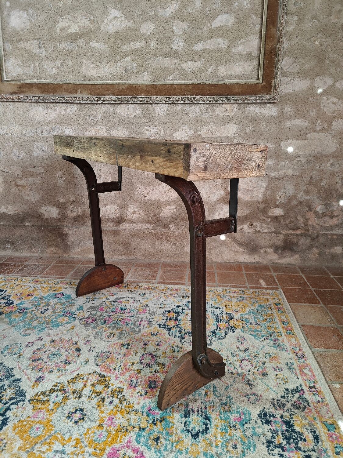 Oak and cast iron console, unique piece.