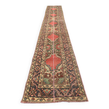 Distressed Turkish Narrow Runner 397x63 cm wool Vintage Tribal Rug