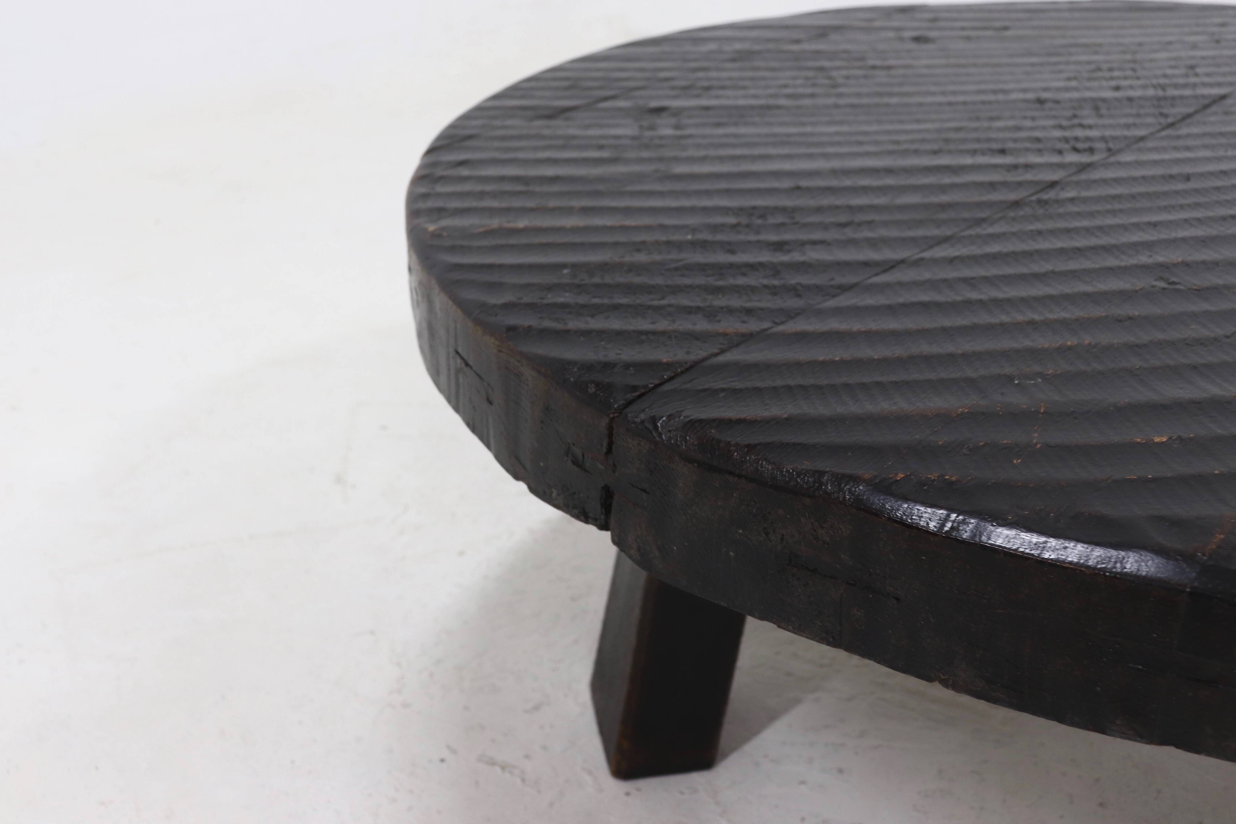 Brutalist Solid Stained Oak Round Tripod Coffee Table 1970s