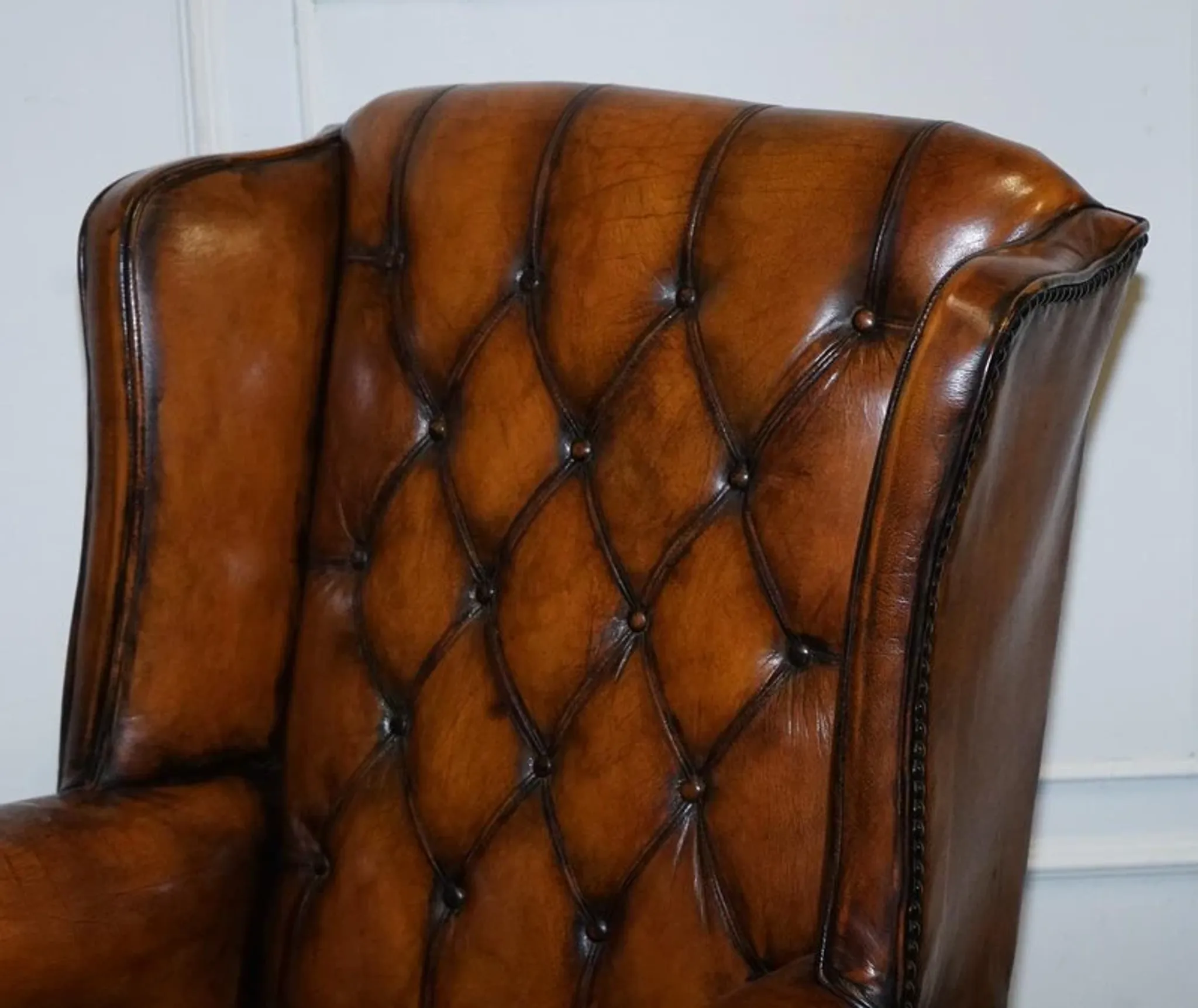 Chesterfield Wingback Armchair Set in Hand-Dyed Brown Leather, 1960s