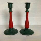 Pair of cast iron and wood candle holders