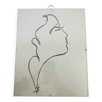 Drawing portrait woman profile signed SC