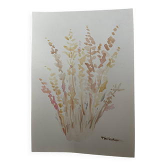 Painting signed watercolor Provençal landscape “dried flowers”