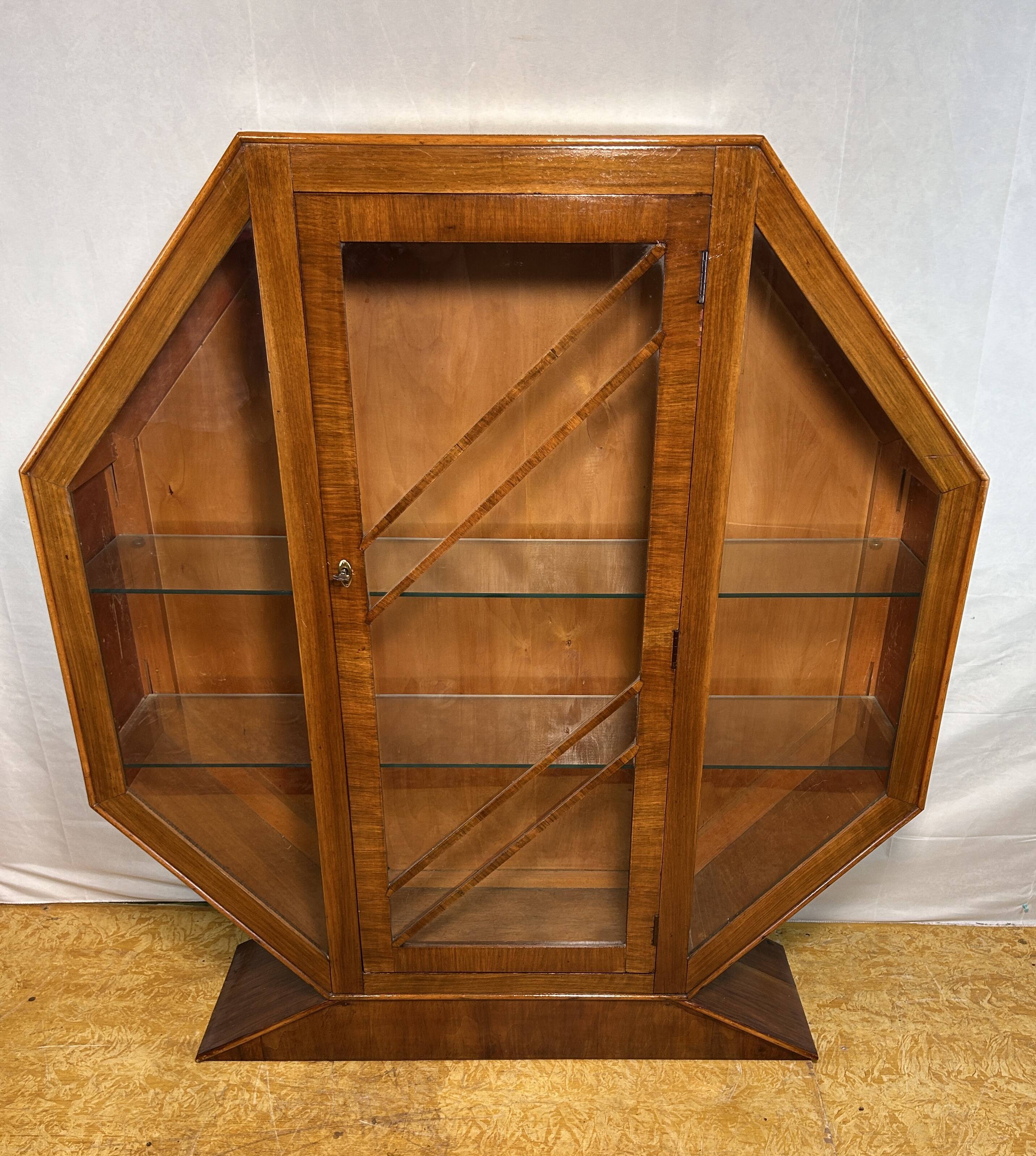 Art Deco Vintage Brocante Walnut Hexagonal Display Cabinet – 1920–1930