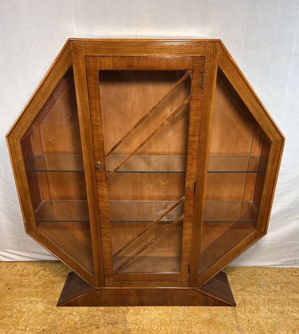 Vitrine hexagonale Art Déco Vintage Brocante en noyer – 1920-1930