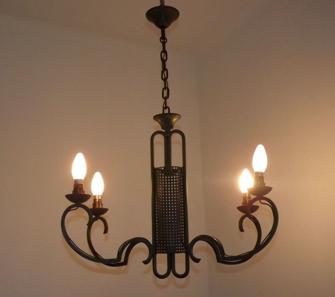 Green iron 4 light chandelier with scrolled arms