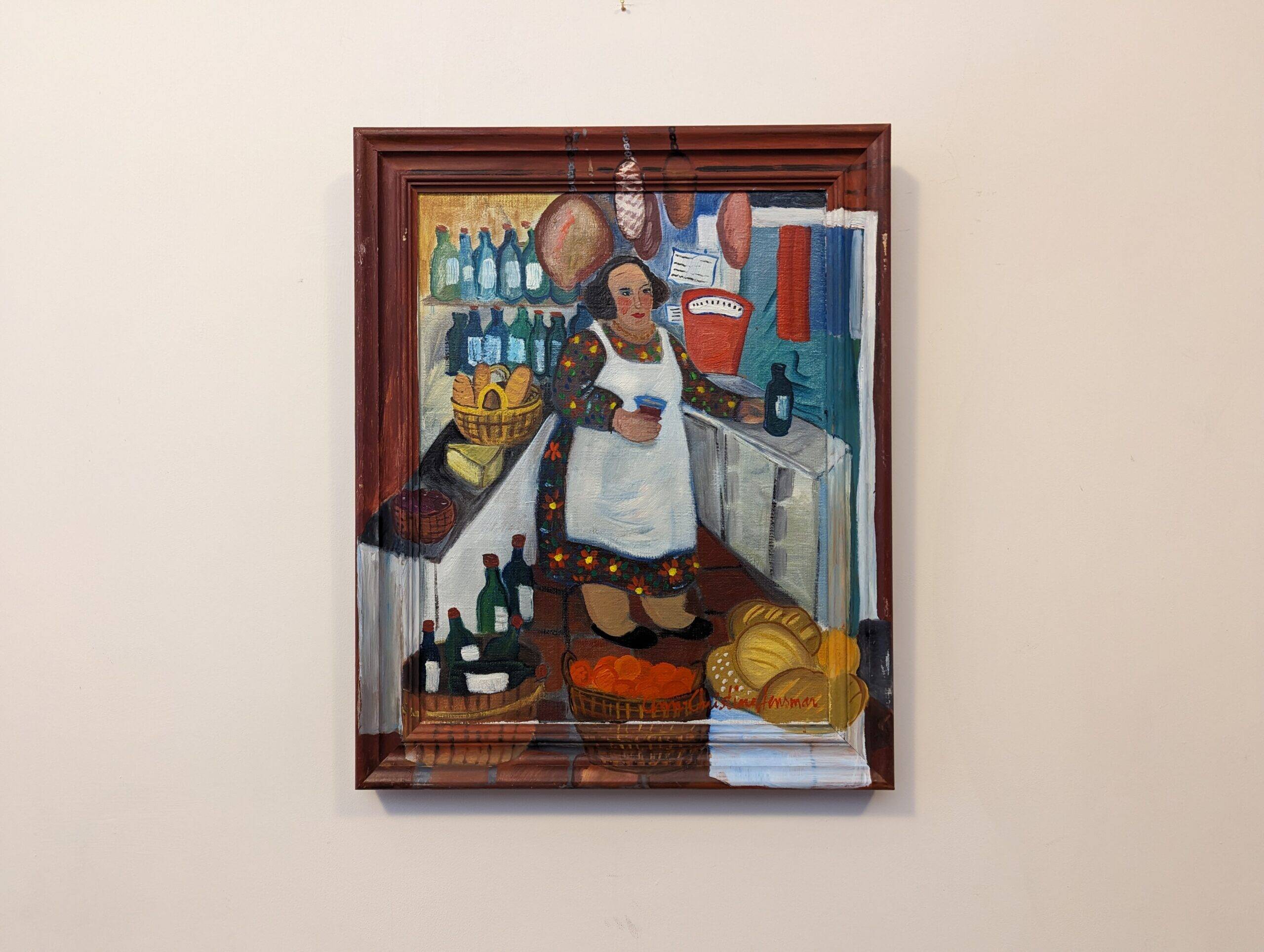 Mid-Century Modern Swedish "The Store" Vintage Figurative Oil Painting, Framed