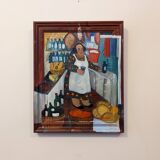 Mid-Century Modern Swedish "The Store" Vintage Figurative Oil Painting, Framed