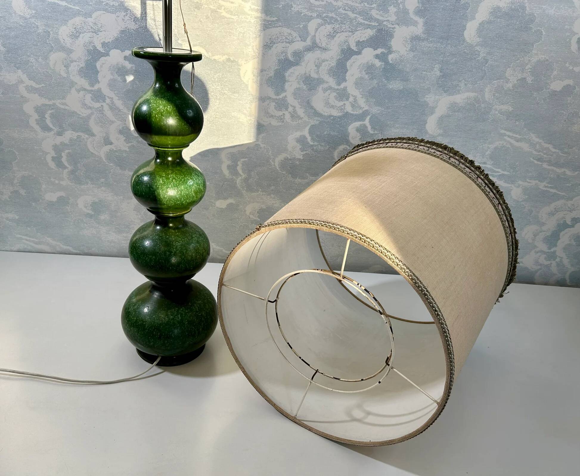 Green ceramic sun lamp/table, Kaiser Leuchten, Germany, 1960s elegance.