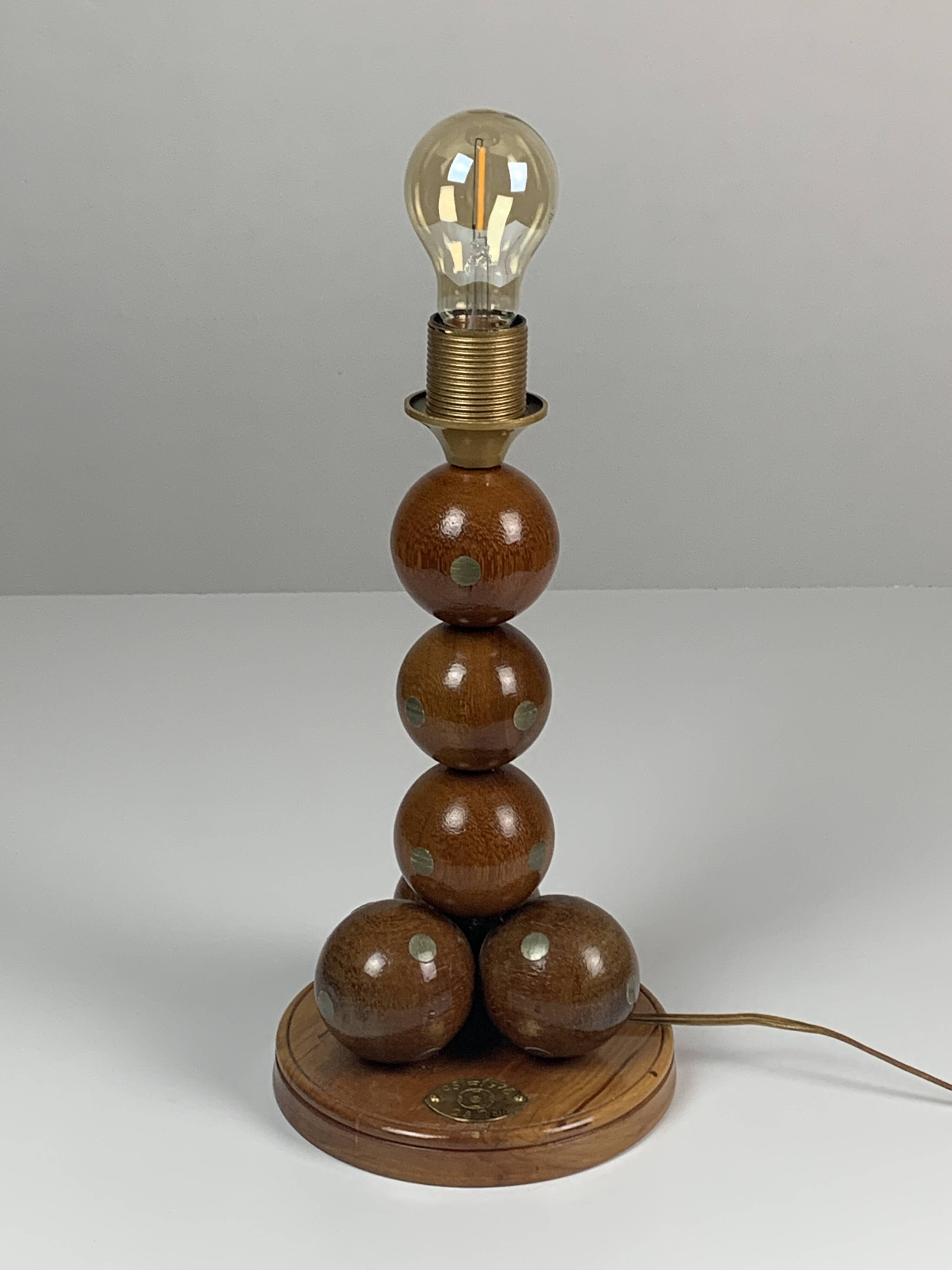Dutch Handcrafted Commemorative Wooden Sphere Ball Table Lamp, 1976