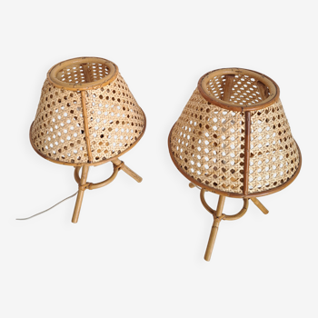 Pair of cane and bamboo lamps