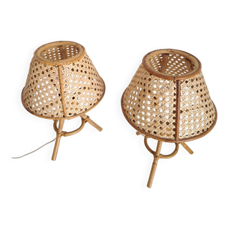Pair of cane and bamboo lamps