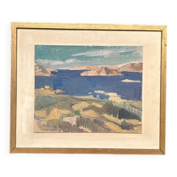 Huile sur panneau originale suédoise - "Paysage aquatique" par Leo Janis - Signée - Vintage et encadrée - 59 × 49 cm (23,2" × 19,2")