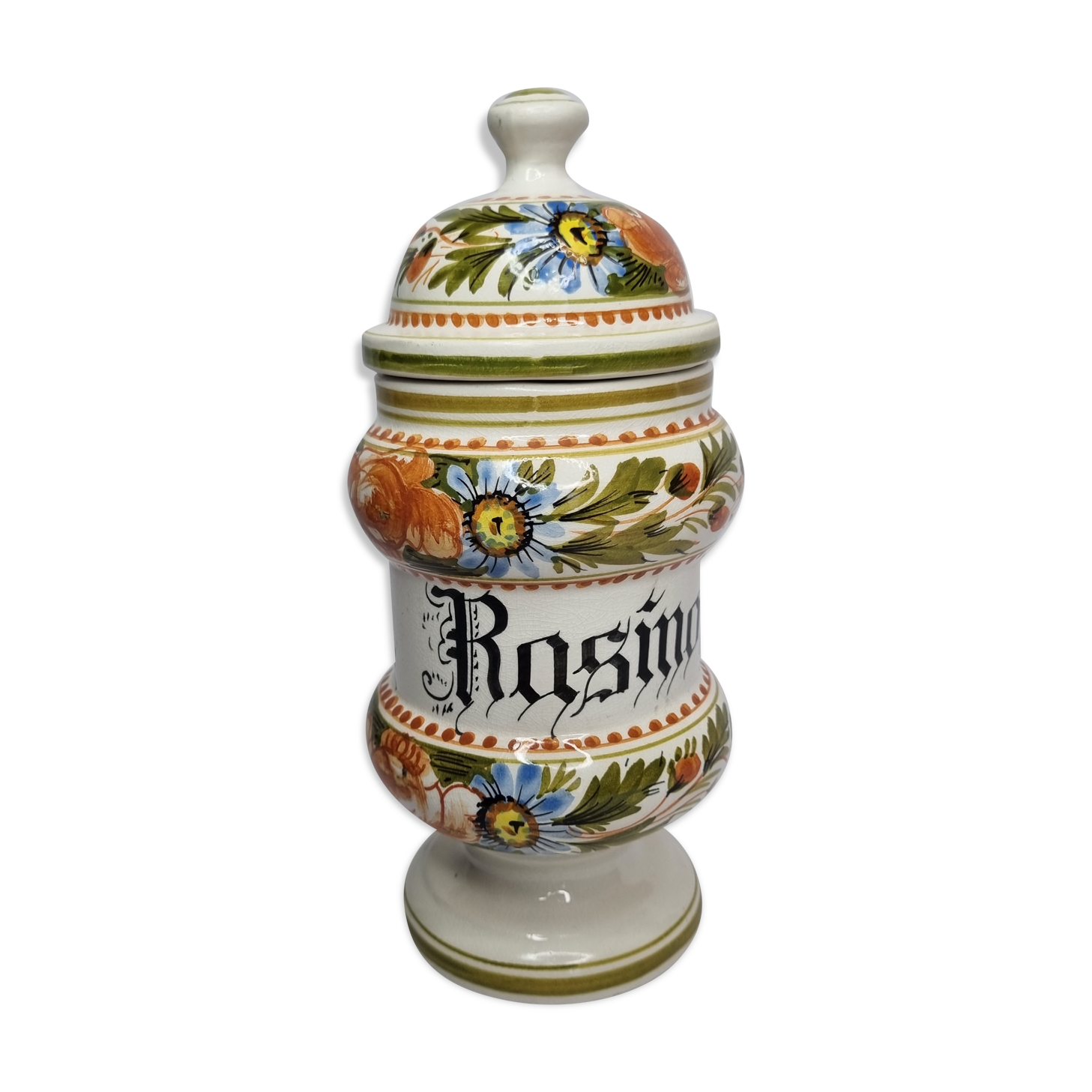 Hand-decorated enamelled ceramic apothecary pot, "Ong. Rasino"