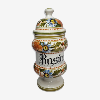Pot d'apothicaire en céramique émaillée décoré à la main, "Ong. Rasino"