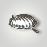 Vintage stainless steel and cobalt blue glass shell butter dish with box + knife