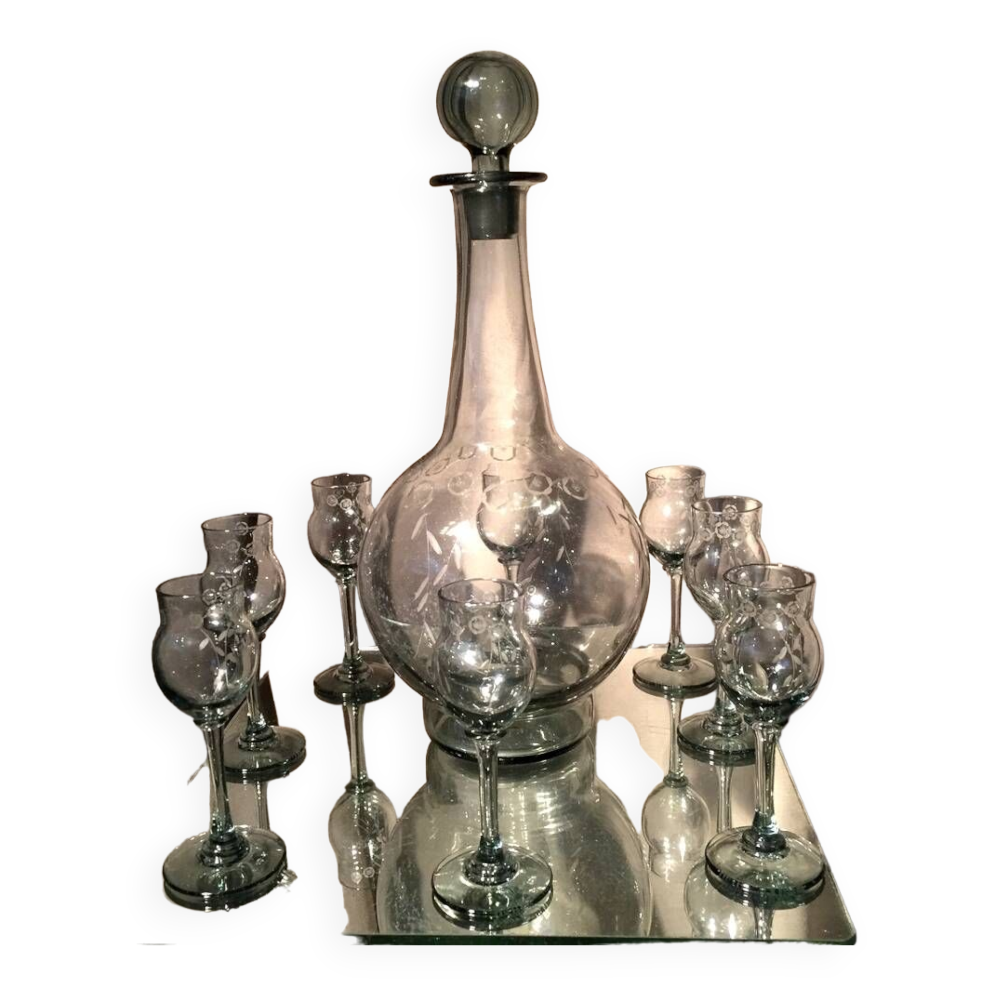 Daum nancy liqueur service 1930s 1940s 8 glasses and a smoke color carafe