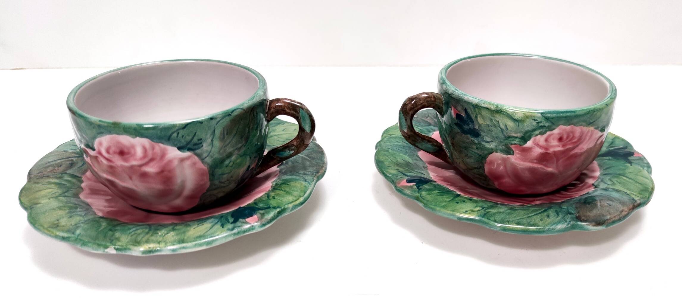 Pair of Green Earthenware Tea /Coffee Cups with Floral Motifs by Zaccagnini