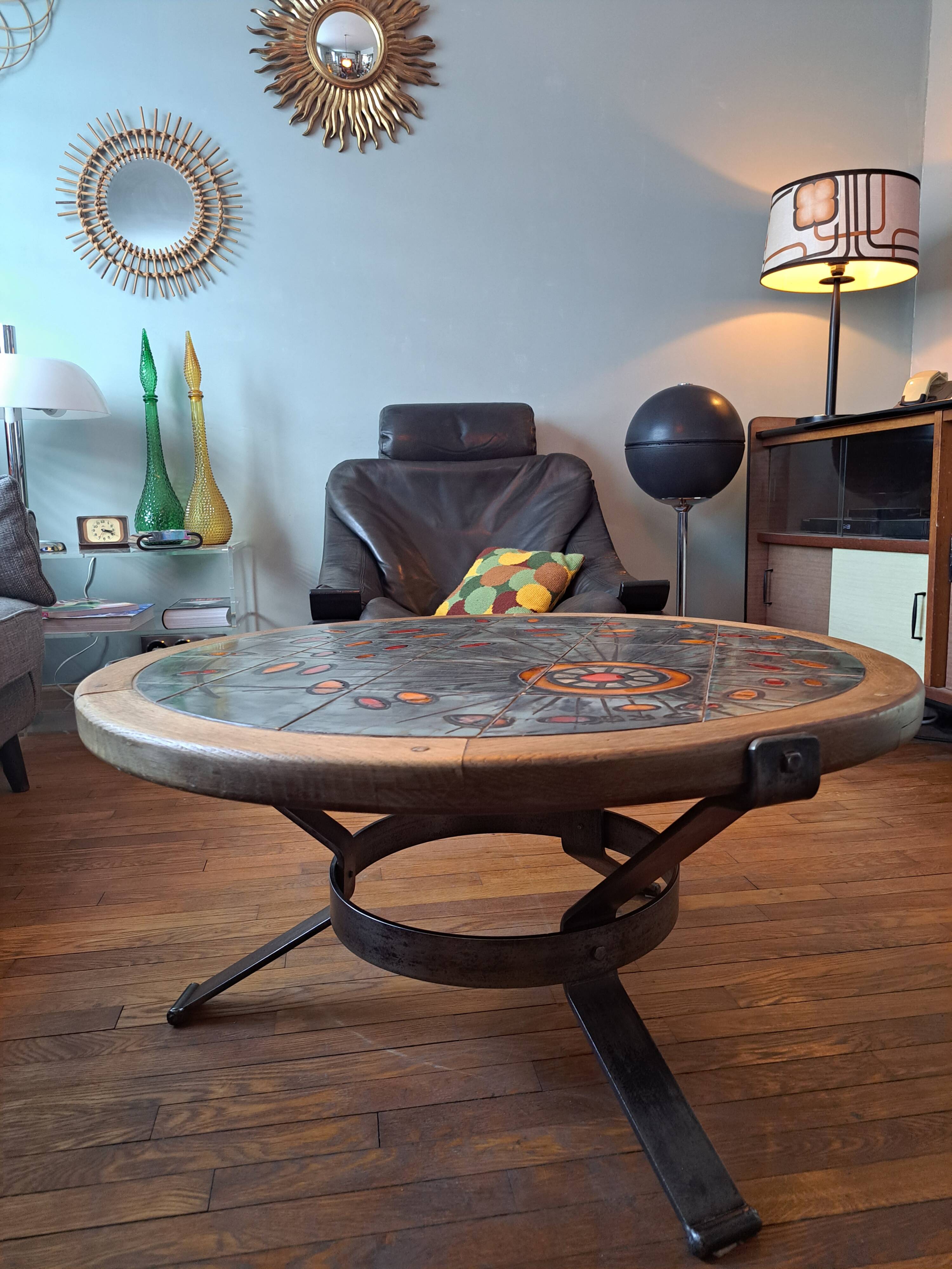 Vallauris coffee table signed drac 1960 wood earthenware steel