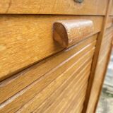 Double-column oak filing cabinet with curtains, 1950s.