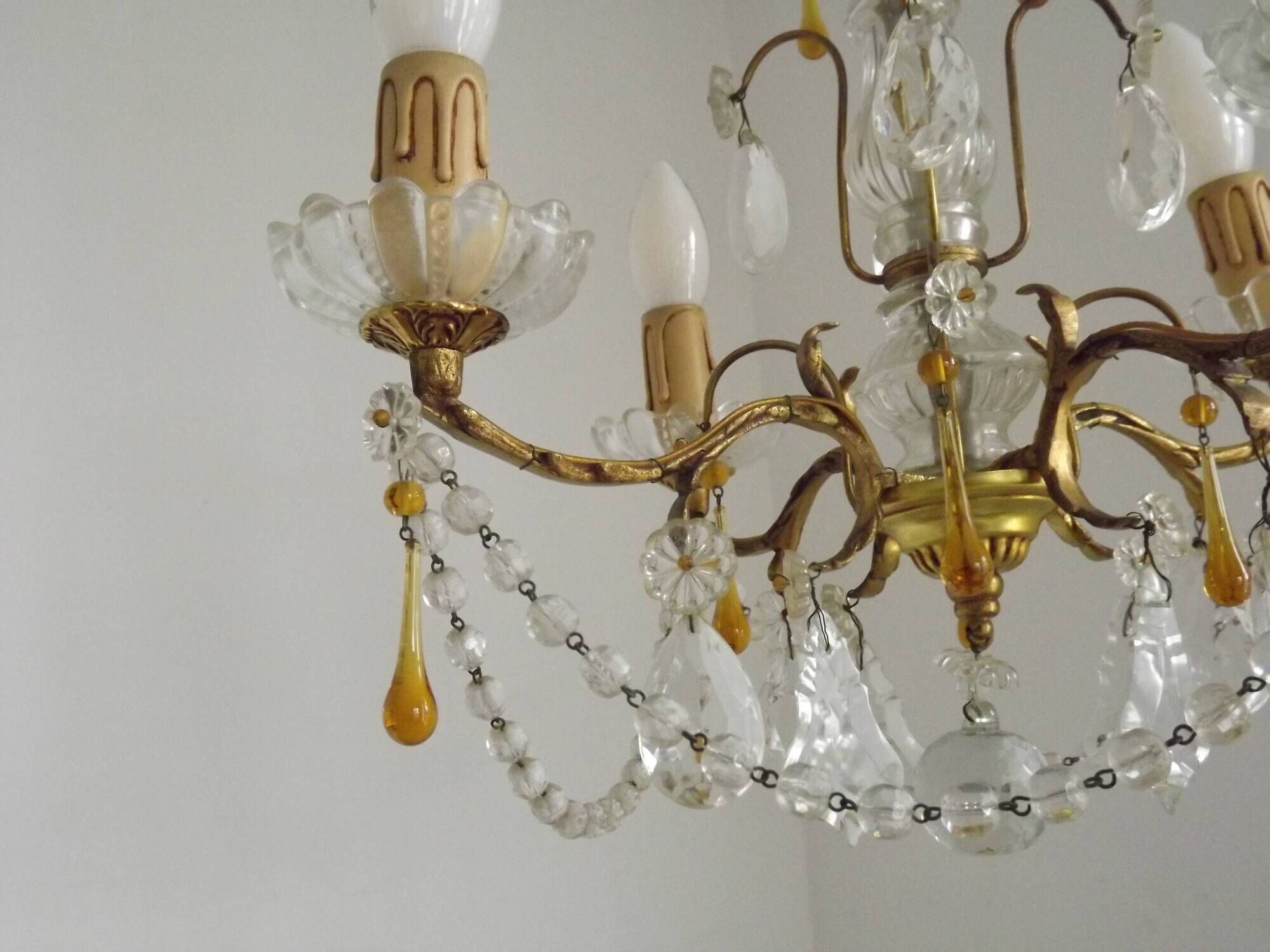 Vintage 4-Light Bronze, Glass & Crystal Chandelier with Amber Glass Drops