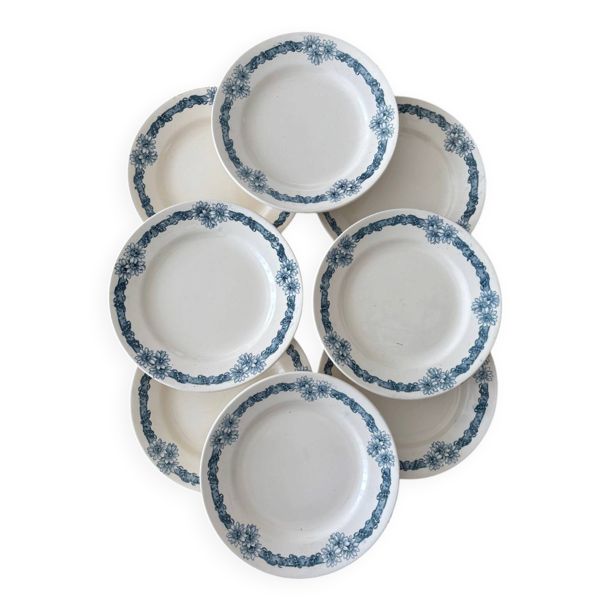 Set of 8 blue ironstone dinner plates Longchamp model Denise.