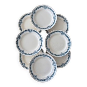 Set of 8 blue ironstone dinner plates Longchamp model Denise.