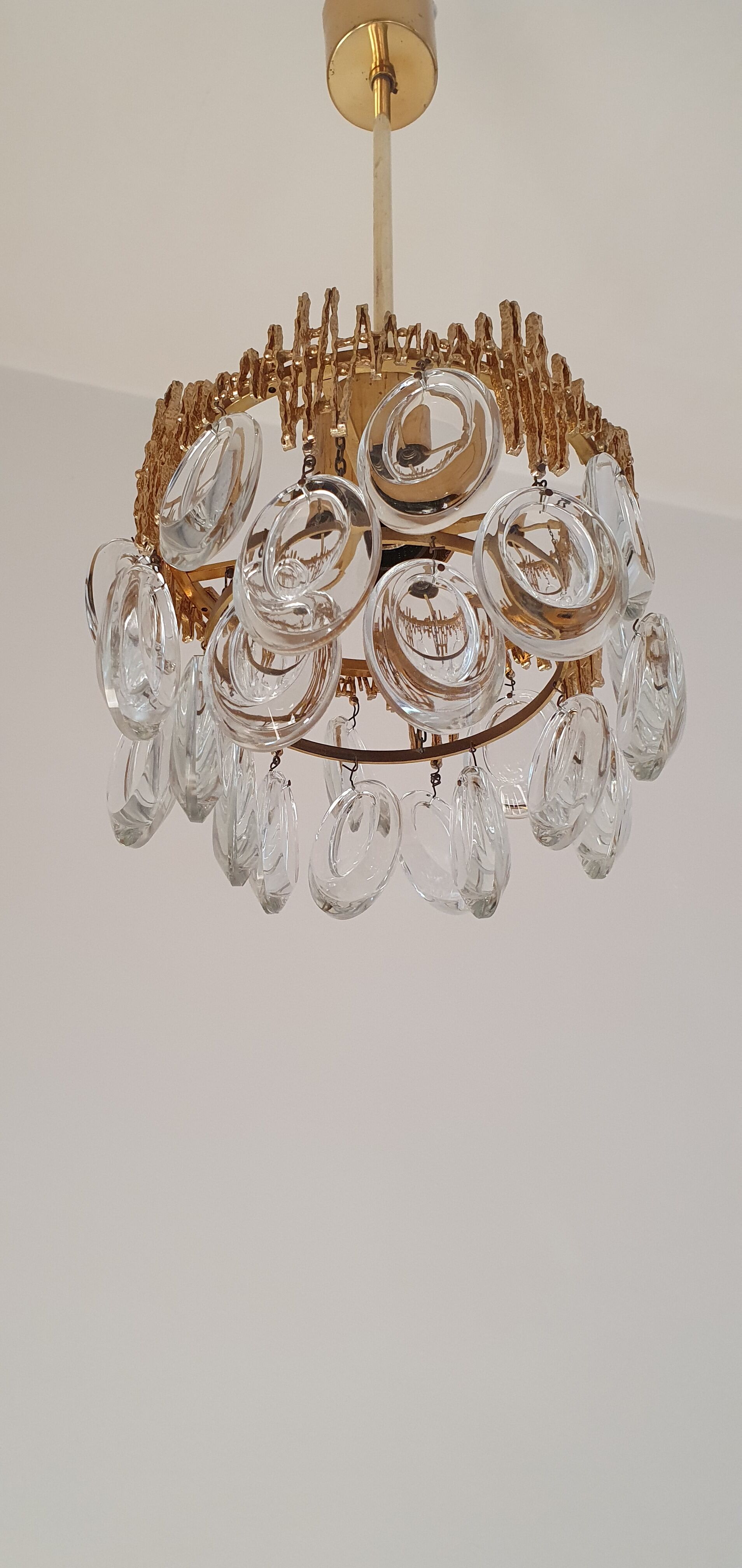 Small brass brutalist chandelier with crystal stamps