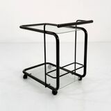 Black postmodern metal and glass serving trolley, 1980