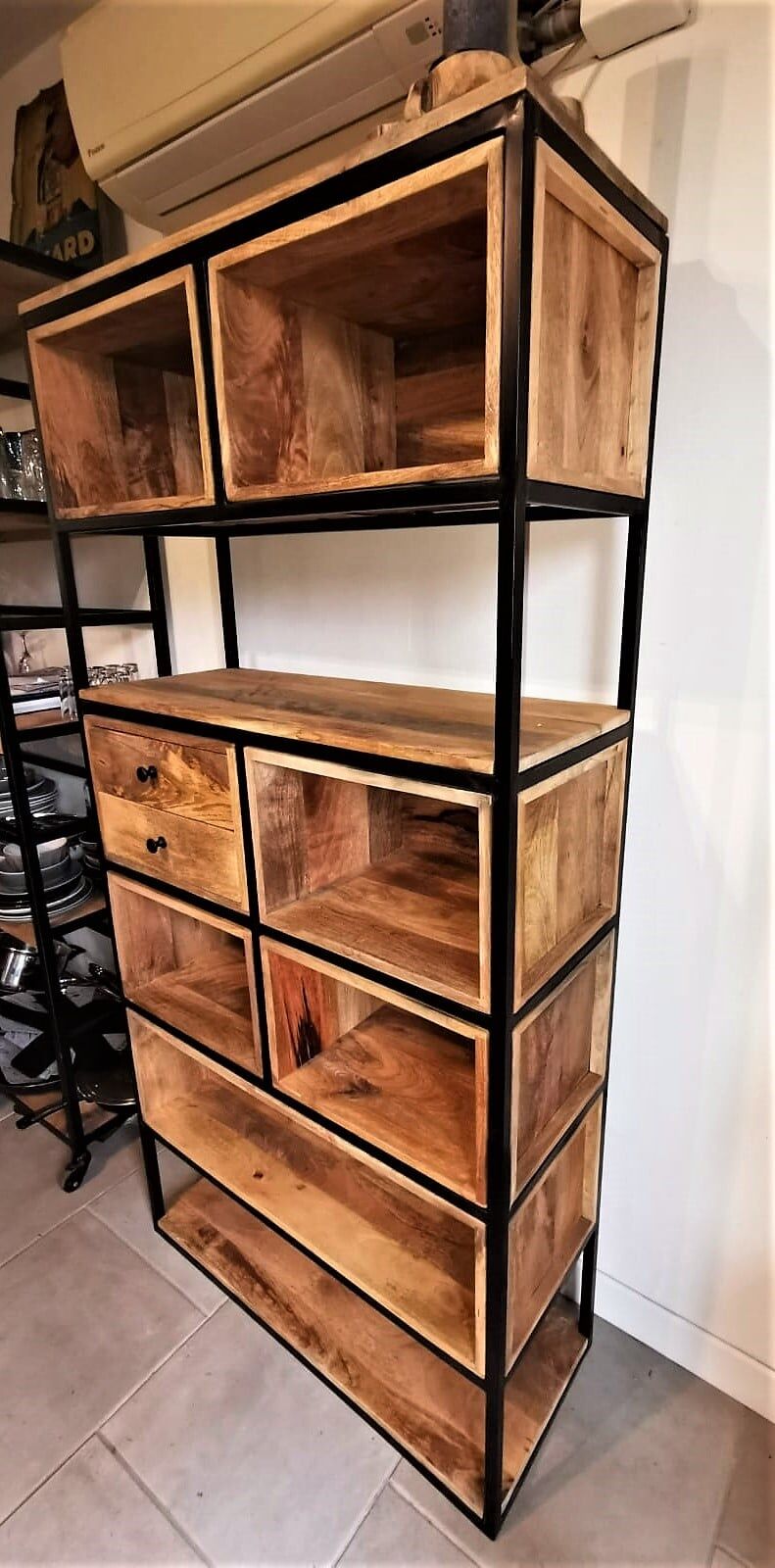 Wooden and metal freestanding shelf