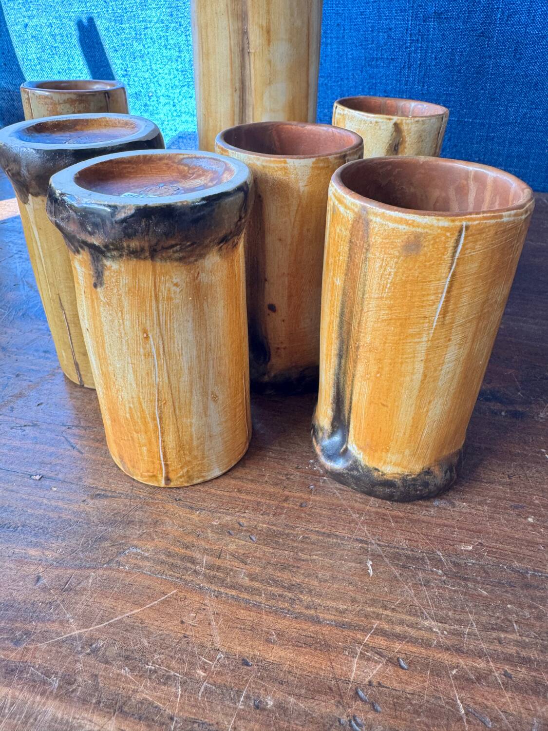 Vintage 1970s ceramic pitcher and glass set for orangeade, faux bamboo.