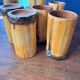 Vintage 1970s ceramic pitcher and glass set for orangeade, faux bamboo.