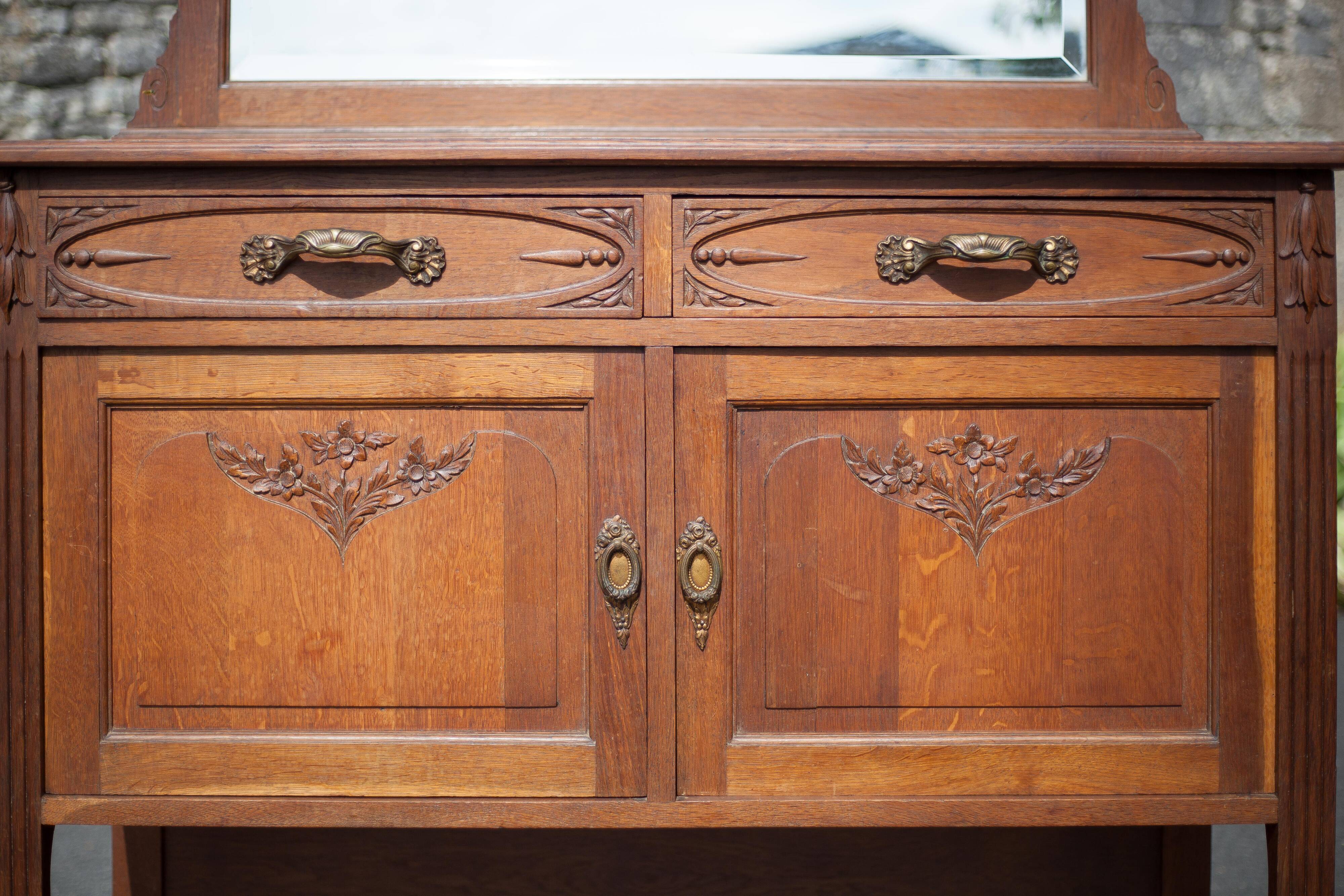 Buffet desserte bois vintage, meuble avec miroir, meuble de rangement