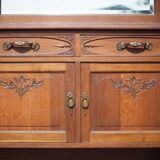 Vintage wooden serving sideboard, furniture with mirror, storage unit
