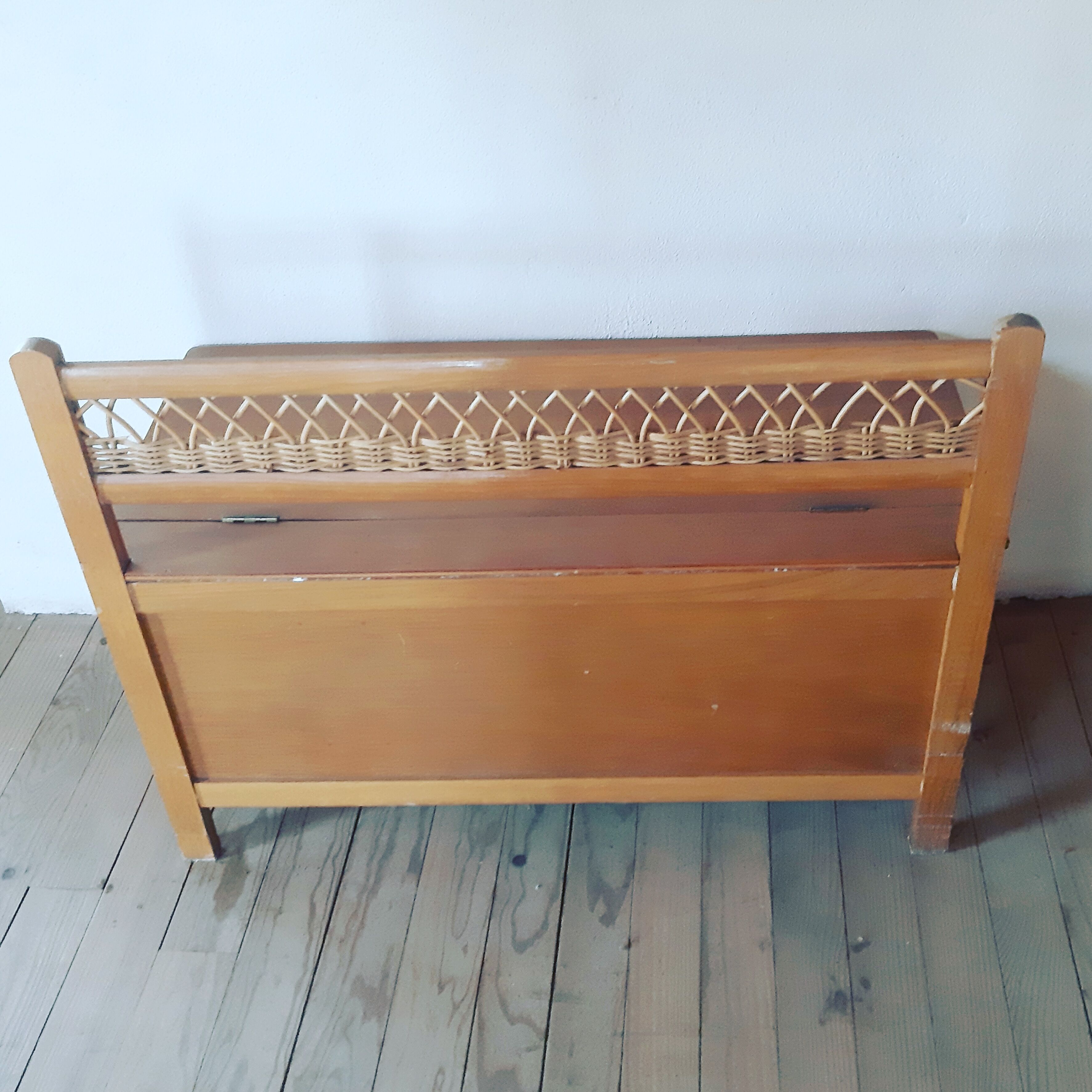 Vintage wooden and wicker bench and storage chest