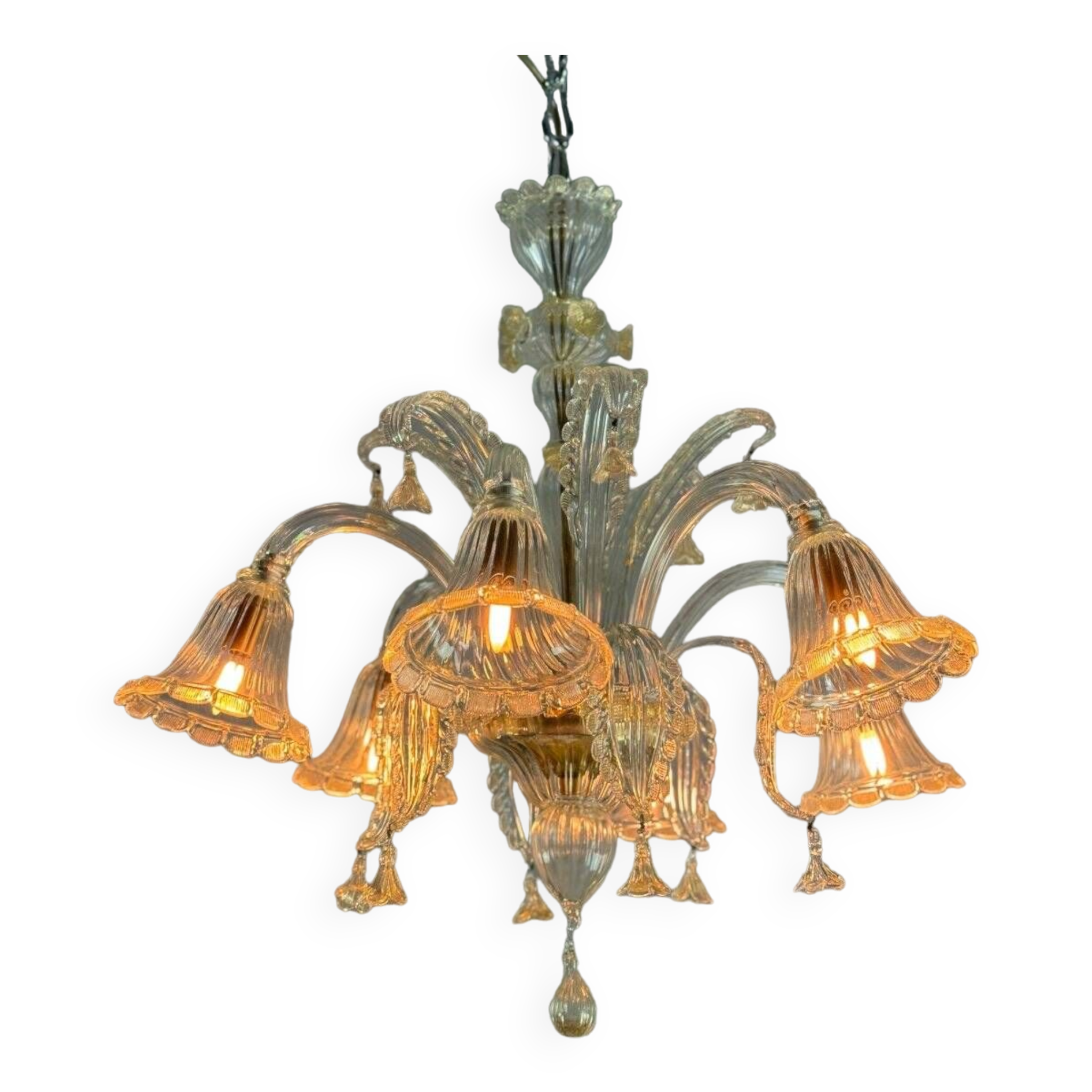 Venetian Chandelier In Golden Murano Glass, 6 Arms Of Light