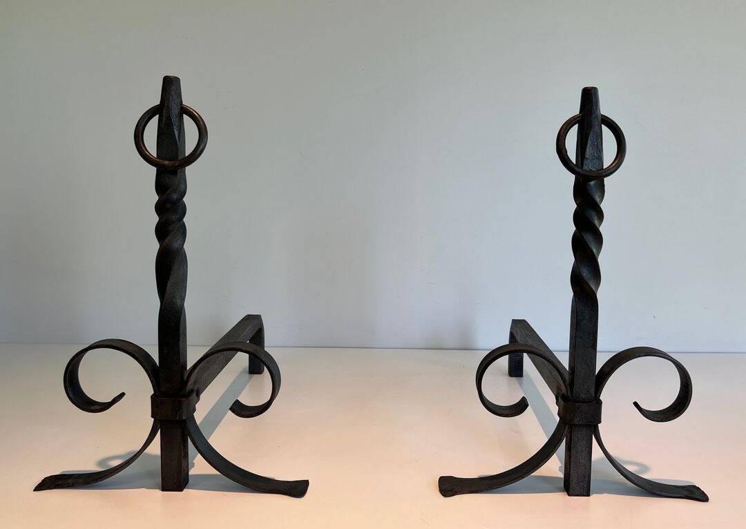 Pair of Neoclassical Fire Dogs in Wrought Iron with Twisted Columns, Finials