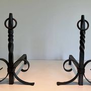 Pair of Neoclassical Fire Dogs in Wrought Iron with Twisted Columns, Finials