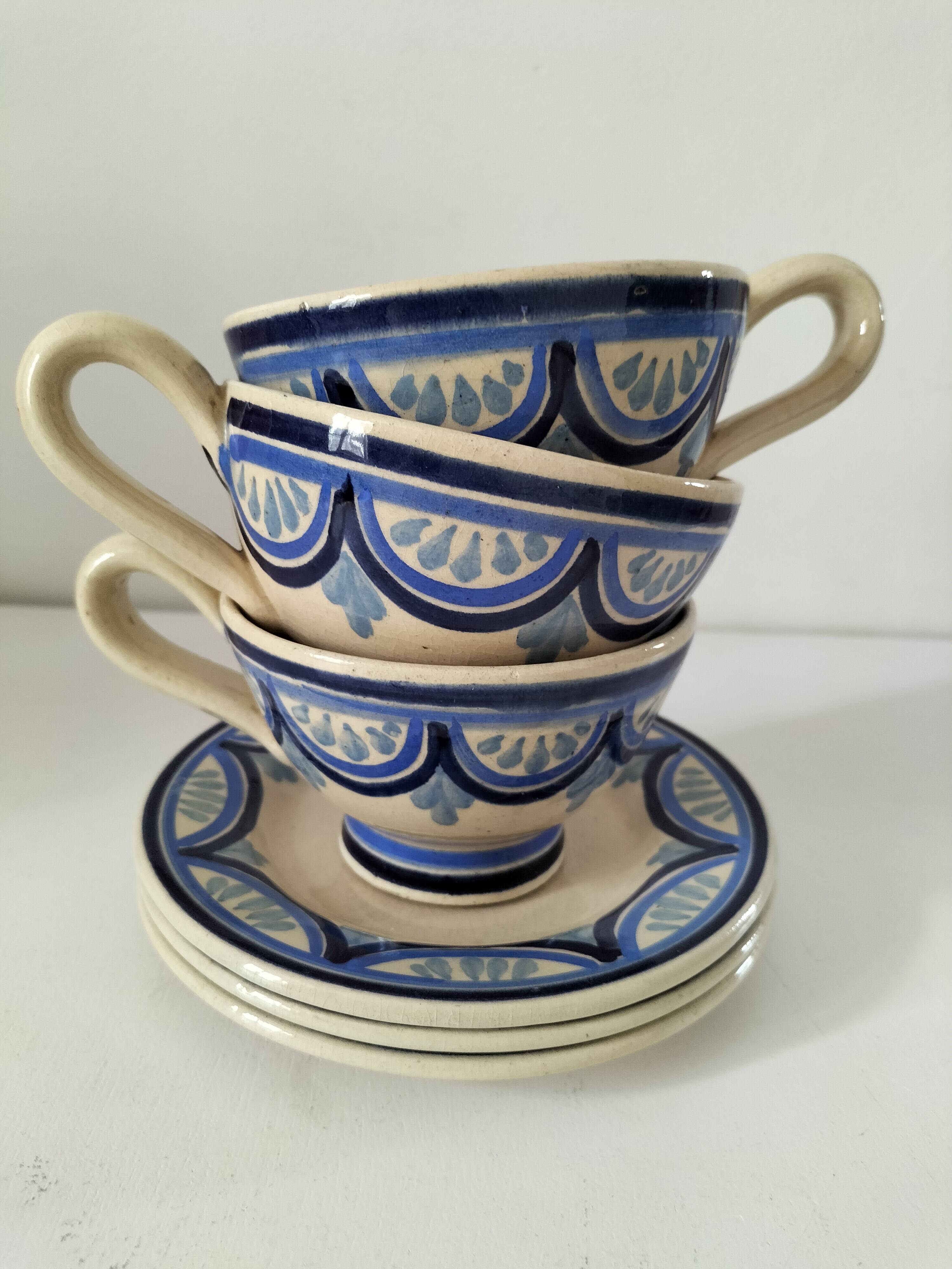 Trio of Ti-Bihan St Malo cups and saucers by Yvon Roy