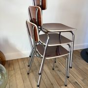 Trio of chairs in light brown formica and cream contour 70s