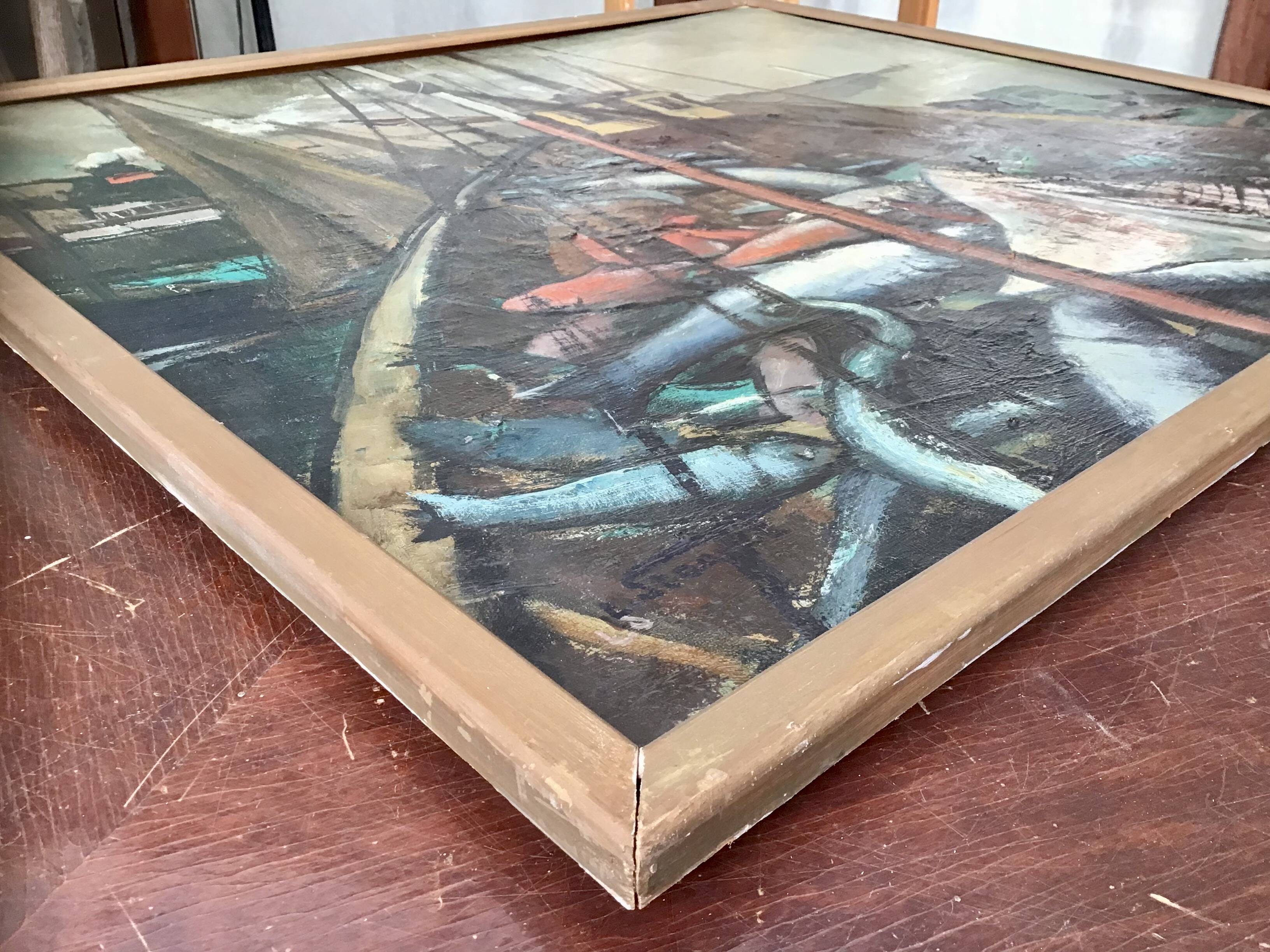 Oil on canvas - “The deck of the trawler returning from fishing” by Lucien Staquet (1911-1989)