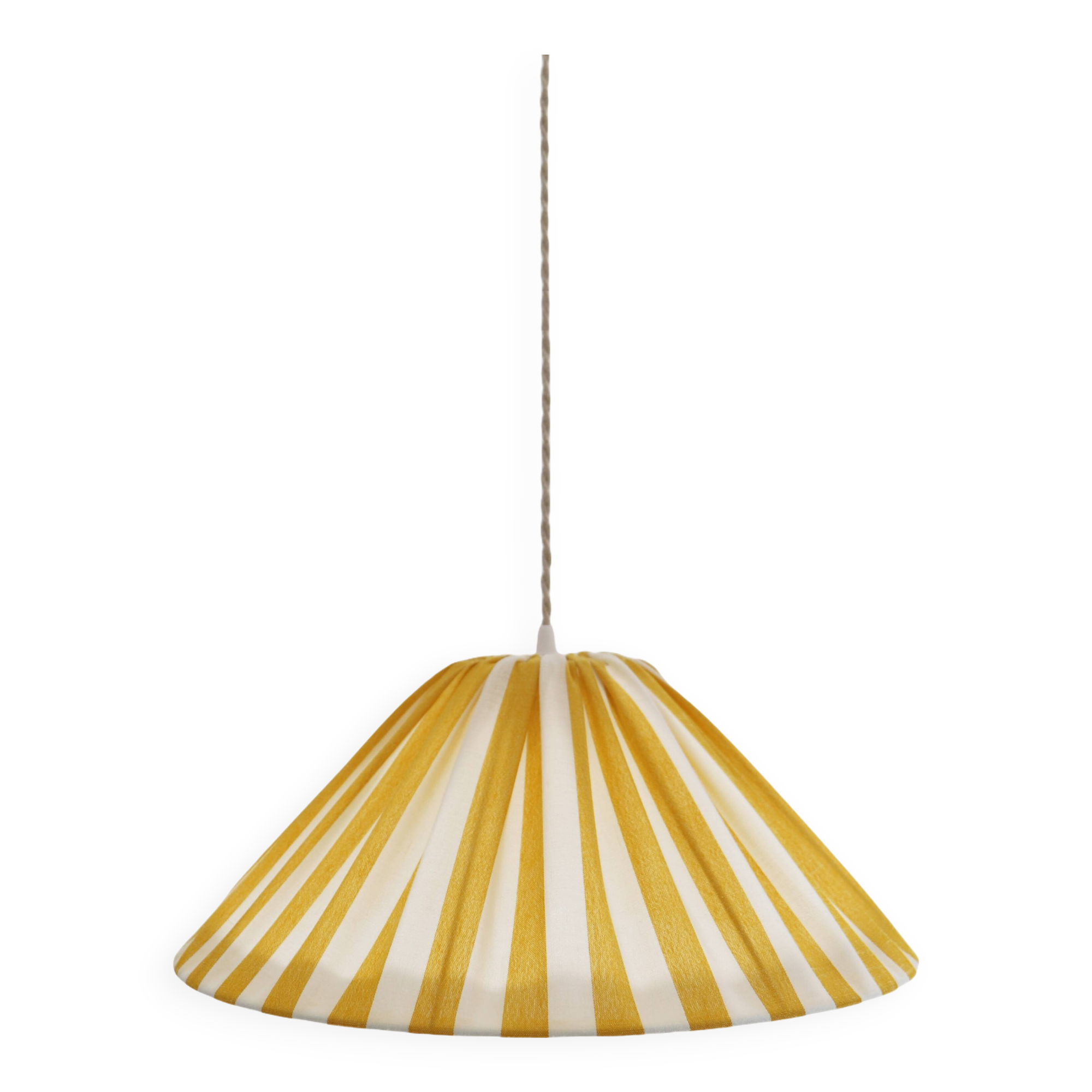"Malala striped off-white and lemon yellow" conical shaped striped pendant light