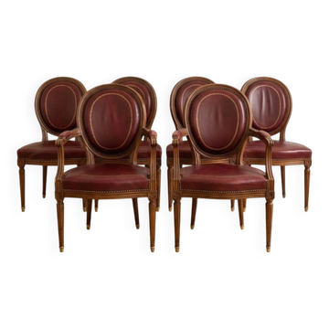Lot de 6 chaises et fauteuils médaillon style Louis XVI cuir bordeaux