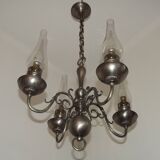 French Vintage Pewter 4 Light Flemish Chandelier Hand Blown Lantern Shades 5104