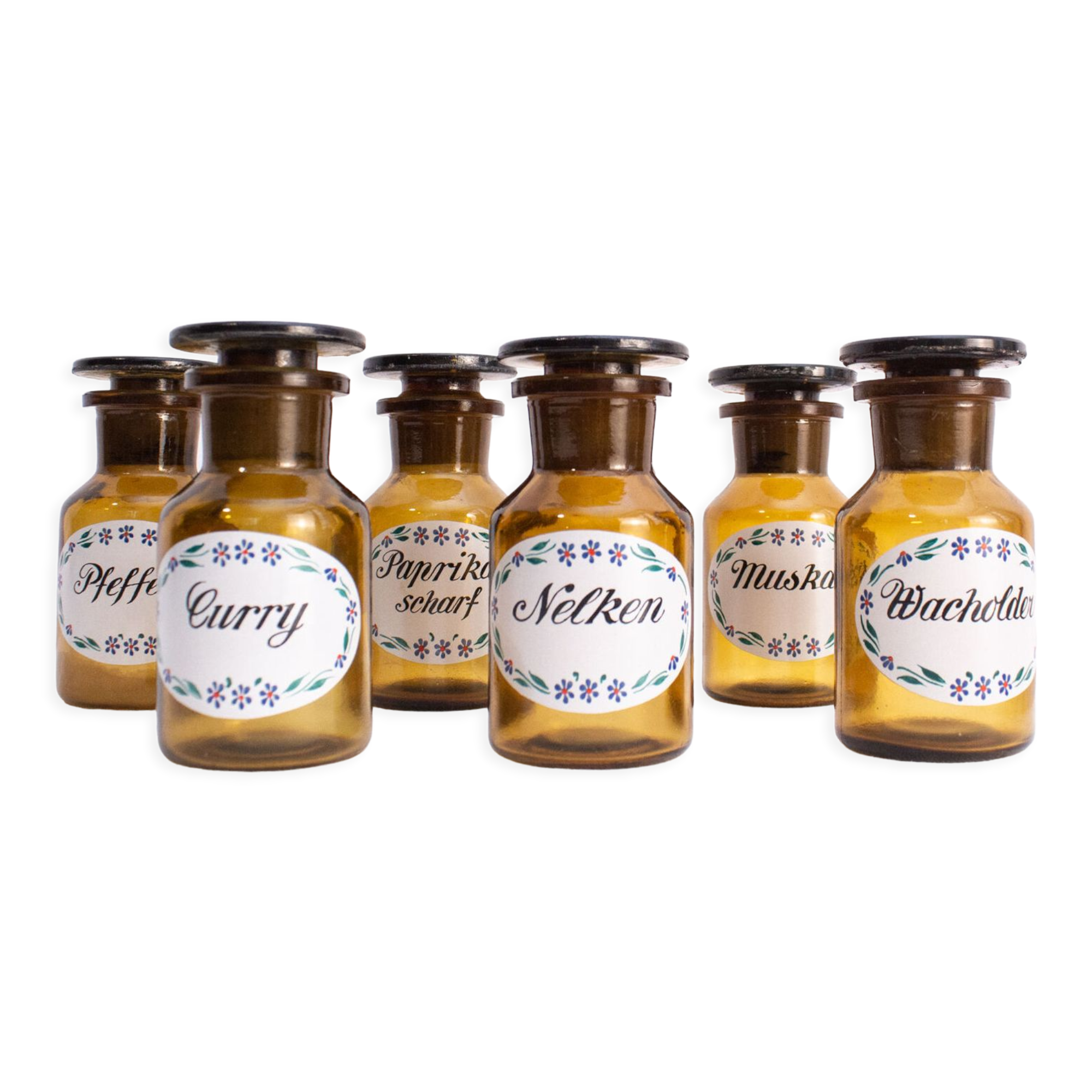 Set of 6 canister for spices, amber glass apothecary bottles