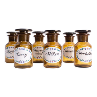 Set of 6 canister for spices, amber glass apothecary bottles