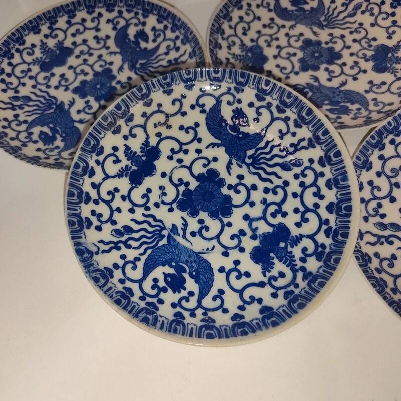 Set of 5 Japanese porcelain plates, antique blue and white, floral phoenix, Dai Nippon.
